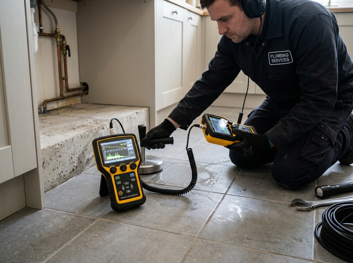 Acoustic leak detection ground microphone placed on concrete floor in North Richland Hills TX